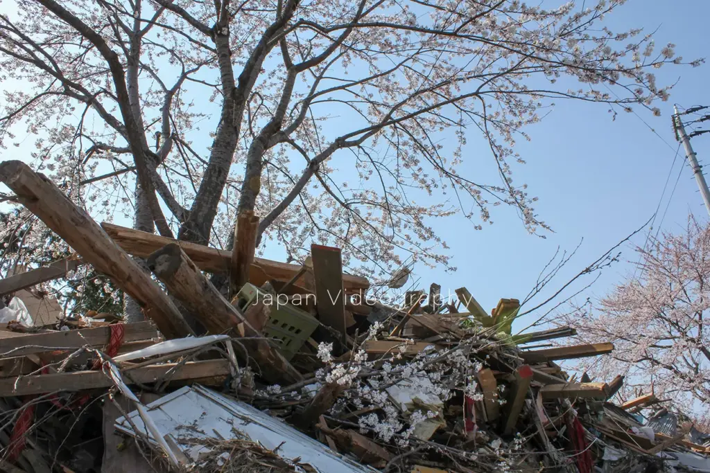 宮城県仙台市蒲生地区で瓦礫に埋もれながら咲いた桜