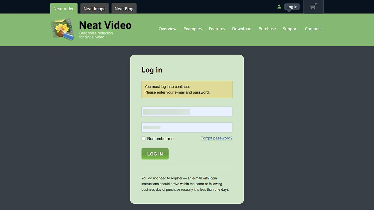 ノイズ除去ソフト Neat video v6のログイン画面